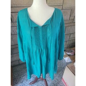 Maggie Barnes 4X Tunic Top Teal‎ Embroidered V Neck Plus Size Blouse